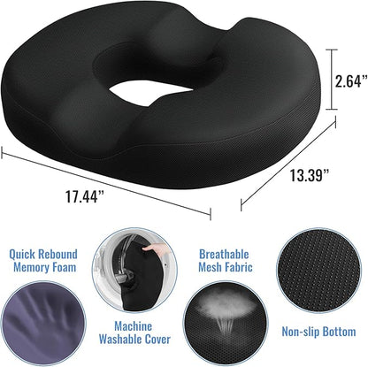 Donut Pillow Seat Cushion Chair Pad for Tailbone Pain Relief and Hemorrhoids, Memory Foam Seat Chair Cushion for Postpartum Pregnancy, Seat Cushions for Men and Women for Home  Office, (Black)