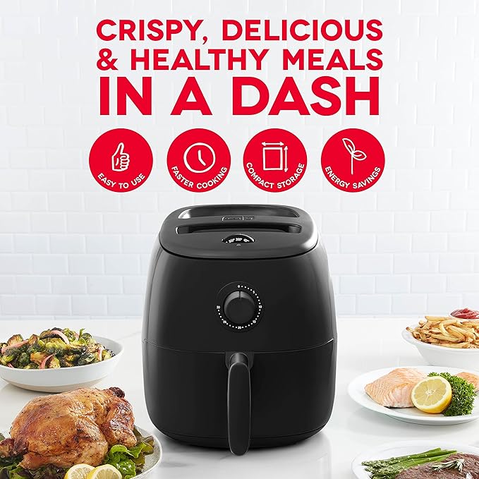 DASH Tasti-CrispN Electric Air Fryer Oven, 6 Qt. Family Size, Black Ai Compact Air Fryer with Large Basket for Healthier Food in Minutes, Ideal for Small Spaces - Auto Shut Off, Analog, 1700-Watt