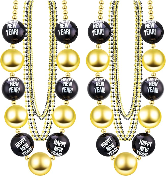 2 set of 36 inch 2026 Happy New Year Bead Necklace 35 Black and Gold Bead Necklace 33 Plastic Beaded Torque Happy New Year Decorations for Party Favors Costume Accessories