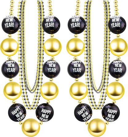 2 set of 36 inch 2026 Happy New Year Bead Necklace 35 Black and Gold Bead Necklace 33 Plastic Beaded Torque Happy New Year Decorations for Party Favors Costume Accessories