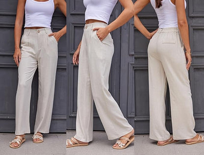 heipeiwa Women's Linen Casual High Waist Wide Leg Straight Dress Cotton Linen Pants Button Trousers
