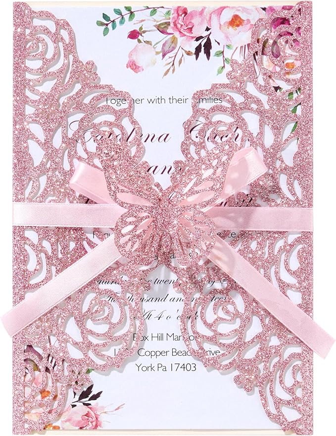 50PCS Pink Wedding Invitations Laser Cut Invitation with Envelopes and Rsvp Card Personalized Inner Sheets for Wedding Bridal Baby Shower QuinceañEra Engagement Birthday