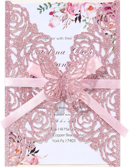 50PCS Pink Wedding Invitations Laser Cut Invitation with Envelopes and Rsvp Card Personalized Inner Sheets for Wedding Bridal Baby Shower QuinceañEra Engagement Birthday
