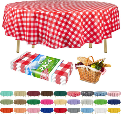 Premium Red Gingham Checkered Plastic Table Cloth Disposable (6 Pack) Round Tablecloth (84in) Party Table Cloths Disposable, Perfect Table Cloth Round Cover for Any Table Up to 6 Feet