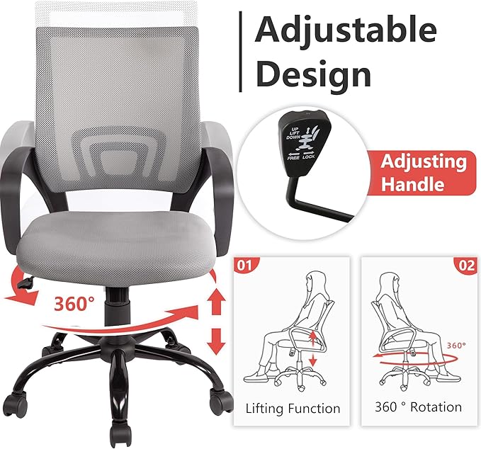 PayLessHere Ergonomic Office Computer Chair, Adjustable, Comfortable, Mid-Back, Swivel, with Lumbar Support for Home Office (Pack of 1, Grey)