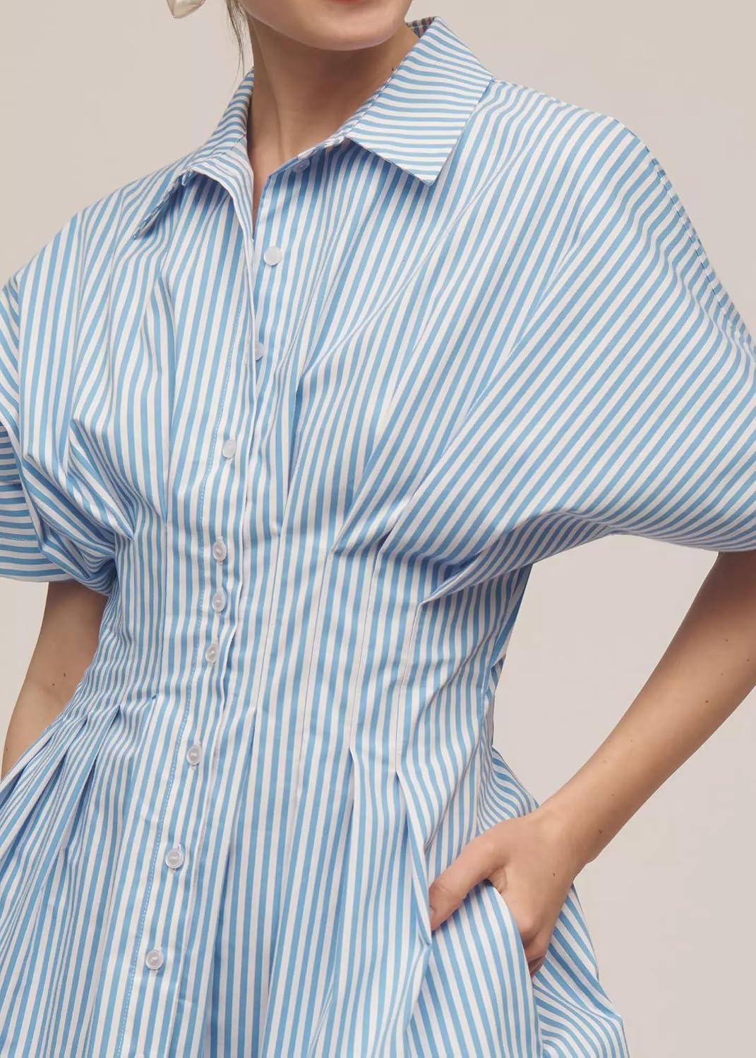 synound Women’s Button Front Down Pleated Shirt Dress Summer Casual Striped Short Sleeve Blouse Mini Dresses