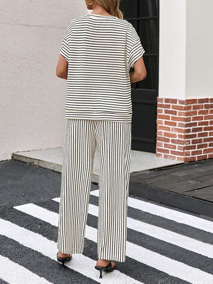 Tankaneo Womens Striped 2 Piece Sets Short Sleeve T Shirts Wide Leg Pants Matching Lounge Set with Pockets