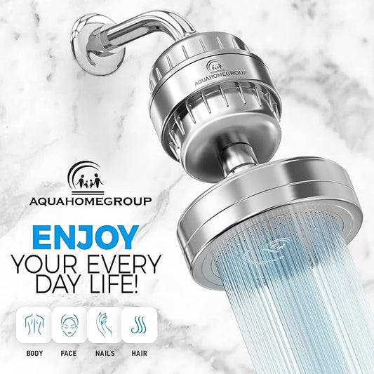 AquaHomeGroup Luxury Filtered Shower Head (Metal) - Vitamin CEA 5 Shower Caps - Reduses Chlorine Sediments - Consistent Water Pressure - Massage and SPA Effery Shower Head