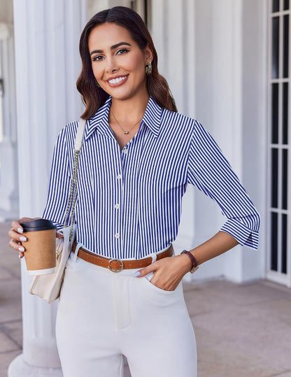 Women's 3/4 Sleeve Slim Fit V-Neck Button Down Shirt