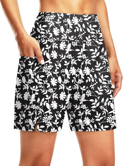 Gradual Women's 7" Long Swim Board Shorts High Waisted Quick Dry Beach Swimming Shorts for Women with Liner Pockets