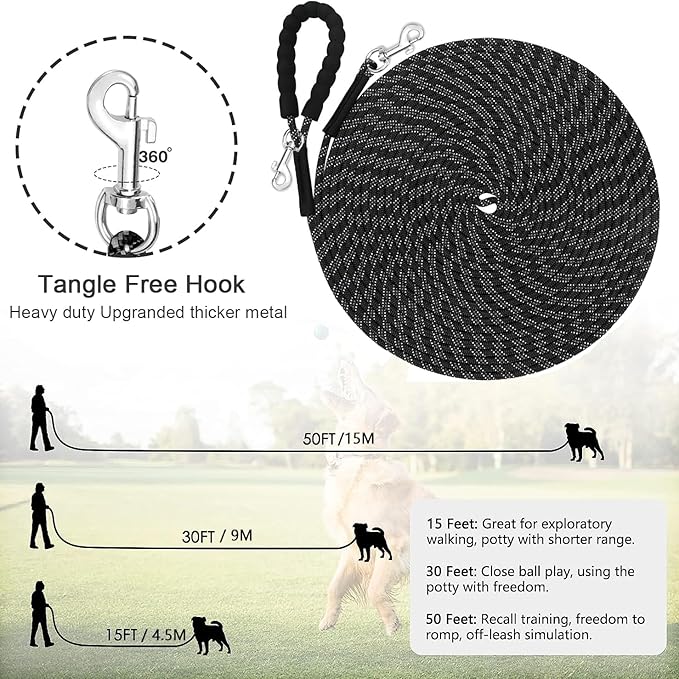 Reflective Long Leash for Dogs Outside, 15FT/30FT/50FT Dog Training Lead with Padded Handle, Heavy Duty Check Cord Recall Leads for Dogs Training, Playing, Camping, or Backyard