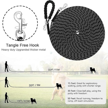 Reflective Long Leash for Dogs Outside, 15FT/30FT/50FT Dog Training Lead with Padded Handle, Heavy Duty Check Cord Recall Leads for Dogs Training, Playing, Camping, or Backyard