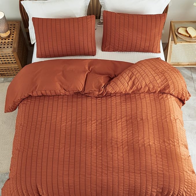 AveLom Terracotta Seersucker Duvet Cover Set King Size (104 x 90 inches), 3 Pieces (1 Duvet Cover  2 Pillow Cases), Ultra Soft Washed Microfiber, Textured Duvet Cover with Zipper Closure, Corner Ties