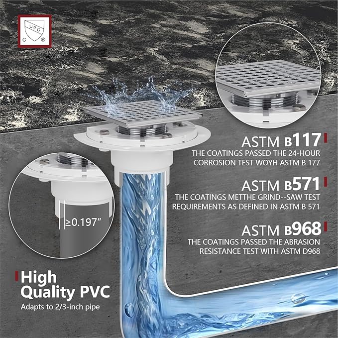 Chrome 4 Inch Square Shower Drain with PVC Flange for 2 or 3 Inch Pipe - Low Profile 304 SS Shower Floor Drain Kit with Hair CarcherCUPC - Strainer for Bathroom,Laundry Room