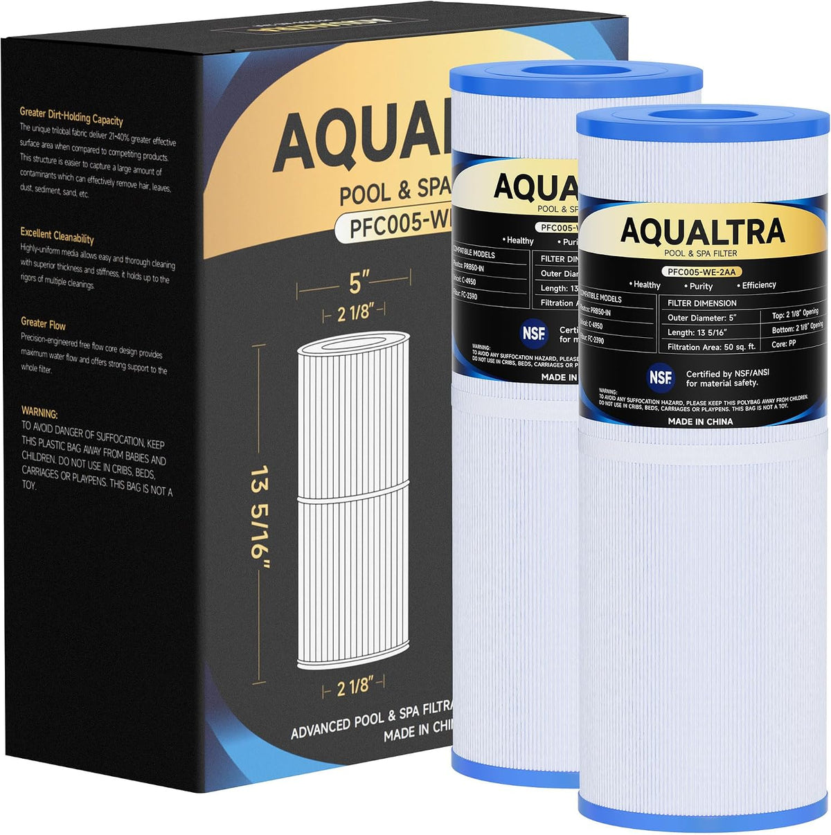 AQUALTRA Spa Filter Compatible with PRB50-IN, C-4950, FC-2390, J200/J210/J220/J235/J245/J275, Guardian 413-212-02, 373045, 13 5/16" x 5" Drop in Hot Tub Filter 1 Pack only (White)