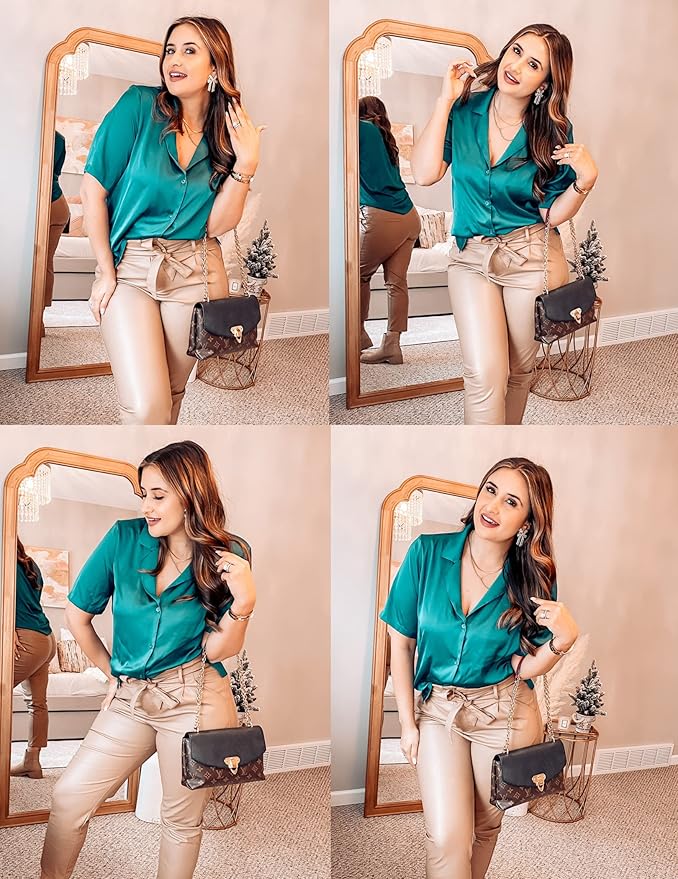Chigant Women's Short Sleeve Satin Blouse Button Down Tops Casual Office Work Shirt S-XXL