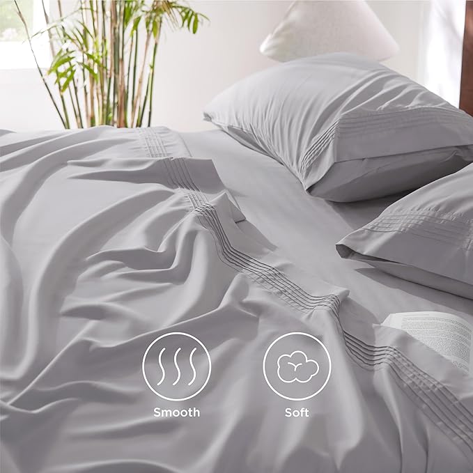 Bedsure GentleSoft Deep Pocket Full Size Bed Sheets Set - Fits Mattresses Up to 21 Inches Thick - 4 Piece Bed Sheets, Moisture Wicking, Cooling Bedsheets  Pillowcases, Easy  Secure Fit, Light Grey