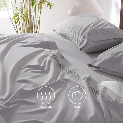Bedsure GentleSoft Deep Pocket Full Size Bed Sheets Set - Fits Mattresses Up to 21 Inches Thick - 4 Piece Bed Sheets, Moisture Wicking, Cooling Bedsheets  Pillowcases, Easy  Secure Fit, Light Grey