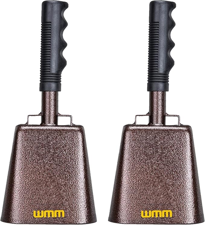 10 Inch Steel Cowbell with Handle Cheering Bell for Sports Events, Large Solid School Bells, Chimes Percussion Musical Instruments Call Bell Alarm (Copper,2 Pack)