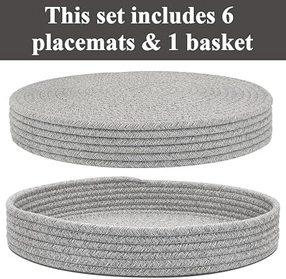 Round Placemats Set of 6 with Holder, Cotton Rope Woven Place Mats, Hot Pads for Kitchen, Heat Resistant Table Mats, 13 Inch Farmhouse Washable Braided Placemat for Kitchen Decor (Gray)