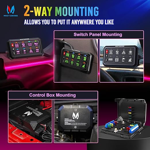 MICTUNING P1B RGB 8 Gang Switch Panel, Multifunction Toggle Momentary Flash Strobe Pulsed Switch Pod with Backlit Off, 5-Level Brightness Circuit Control Relay System Box for Truck RV Offroad Marine