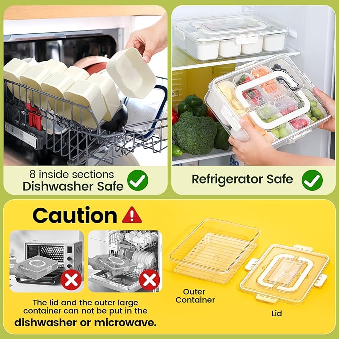 Portable Snackle Box Container, Divided Snack Tray with Lid and Handle, Clear Snack Box Container with 8 Compartments