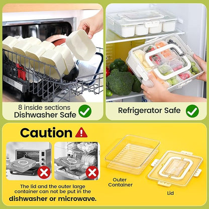 Portable Snackle Box Container, Divided Snack Tray with Lid and Handle, Clear Snack Box Container with 8 Compartments