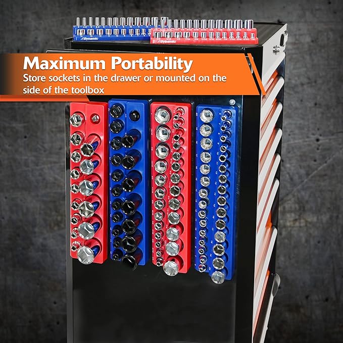 Magnetic Socket Organizers, 14", 38" and 12" Drive, SAE and Metric, Quality Tool Box Organizers (38 Dr. SAE, Red, Holds 26 Sockets)