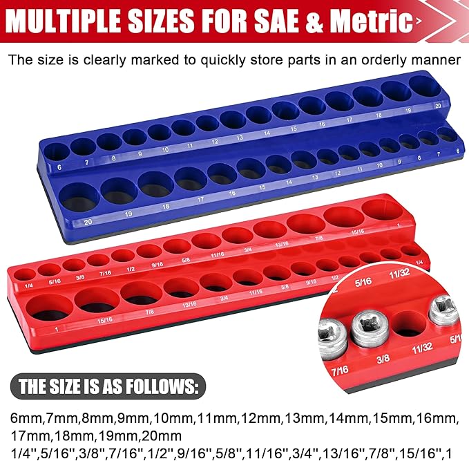 Magnetic Socket Organizer 2-Piece Magnetic Socket Holder 38 Inch Drive Metric SAE Trays Tool Storage Set Magnet Rail Holds 56 Sockets for Tool Box Drawer