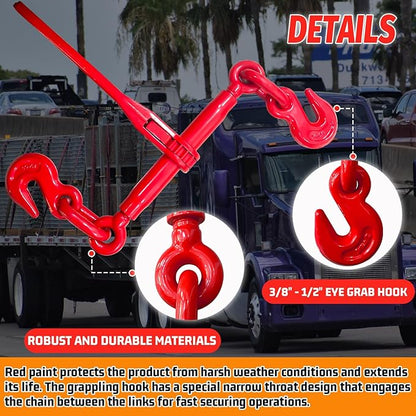 Ratchet Chain Binders 3/8'' - 1/2‘’, Load Binder with G70 Grab Hooks, 3/8" Binder - Adjustable Tie Downs for 3/8 Chains, 9200 Pounds Working Load Limit- Heavy Duty Ratchet Binders for Towing (2 Pack)