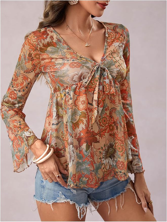 Milumia Women's Floral Print Mesh Bell Sleeve Peplum Tee Top V Neck Knot Front T-Shirts