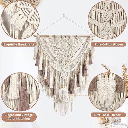 Macrame Wall Hanging, Woven Tapestry Beige  Dusty Rose Handmade Craft Macrame Wall Decor, Gallery  Nursery, Size 37.4 Lx27.5 W