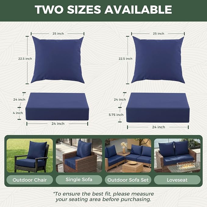 Outdoor Cushions for Patio Furniture, Outdoor Seat Cushion Set 24 x 24 x 5.75 Inch, Waterproof & Fade Resistant Outdoor Chair Cushions, Deep Seat Patio Cushion with Removable Cover, Navy Blue