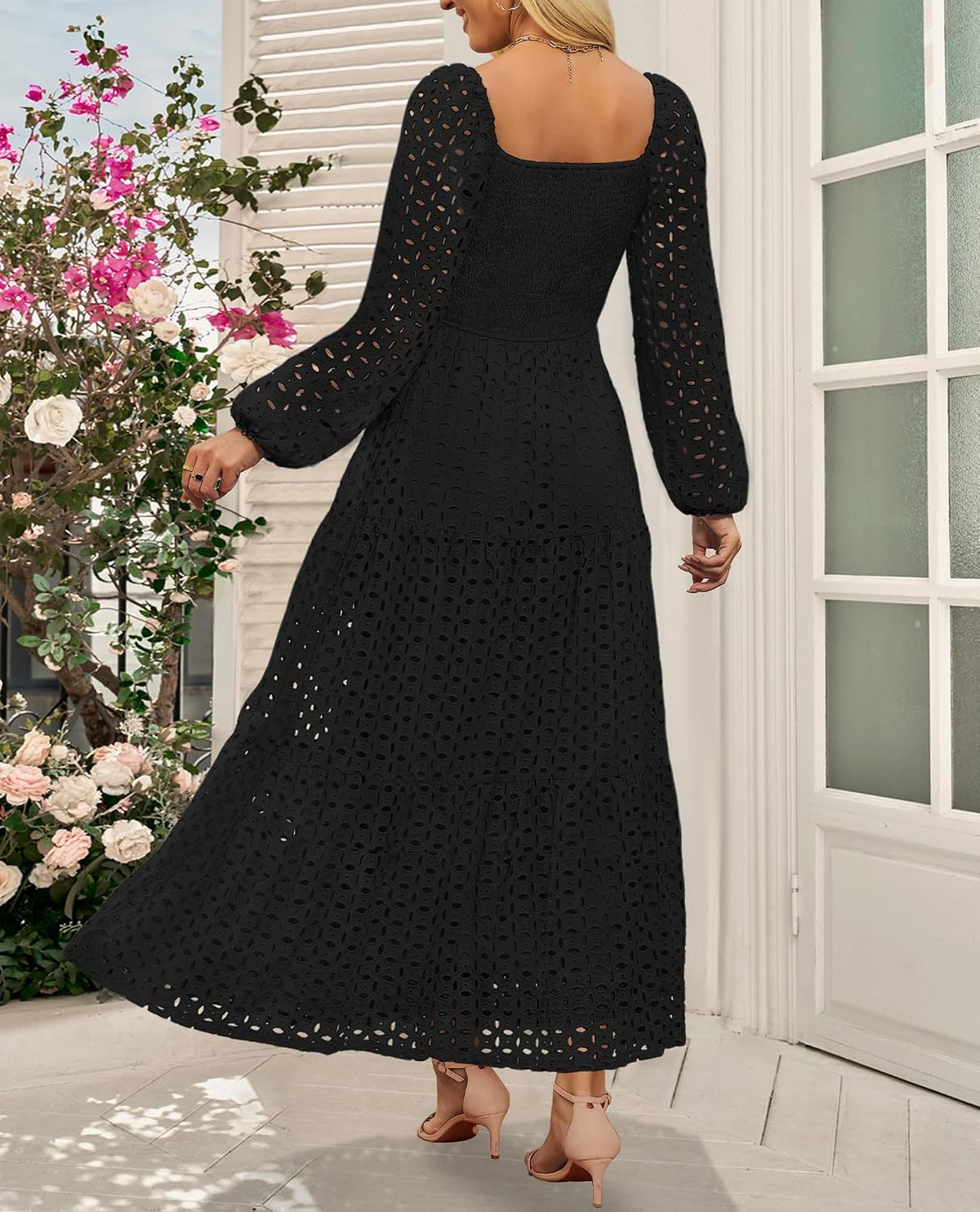 XL, Women's Fall Long Puff Sleeve Maxi Dress Smocked Square Neck Lace Hollow Out Eyelet A Line Boho Flowy Wedding Guest Dresses.