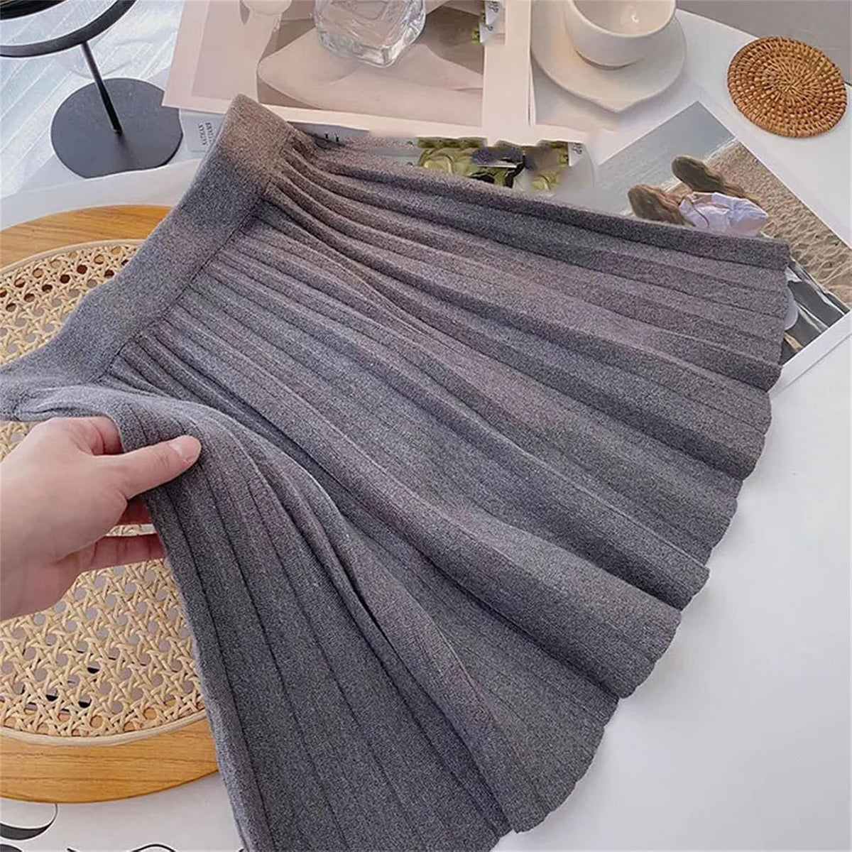Womens Pleated Knit Skirt High Waist A Line Sweater Skirts Winter Solid Elastic Knitting Ribbed Mini Dress
