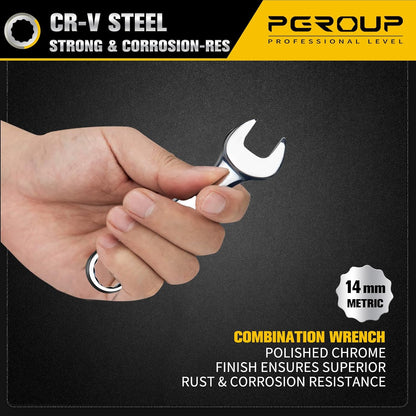 14 mm Metric Stubby Combination Wrench, CR-V Steel with Mirror Polish, 12-Point Design, 15-Degree Offset, Perfect for Auto Repair, Household, Car & Truck Emergency