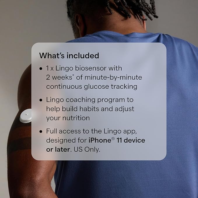 Lingo Continuous Glucose Monitor (CGM)  App. Made by Abbott. Know The Impact of What You eat. 1 Lingo biosensor Lasts up to 14 Days. Designed for iPhone 11 Device or Later. US Only.