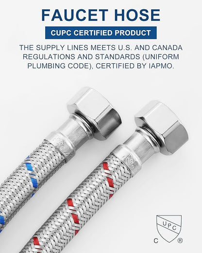24'' Long Faucet Connector, Stainless Steel Braided cUPC Faucet Supply Lines G12" FIP x 38" Compression Sink Hose Attachment Toilet Water Hose Replacement Parts 2 PCS