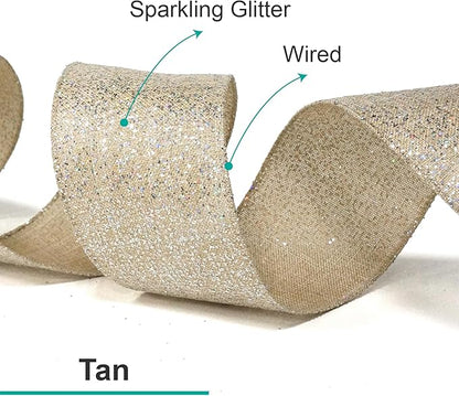 CT CRAFT LLC Sparking Silver Glitter Wired Ribbon 2.5" x 10 Yards TanSilver for Christmas Home Decor Bow Gift Wrapping DIY Crafts Wreath