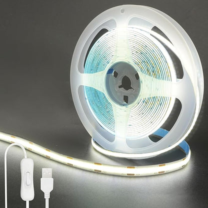 5V USB COB LED Strip Lights with Switch,6.56FT/2M,Cool White 6500K,320LEDs/M,8mm Width,Not Waterproof IP20,1M USB Cable,for DIY Home Indoor Decoration