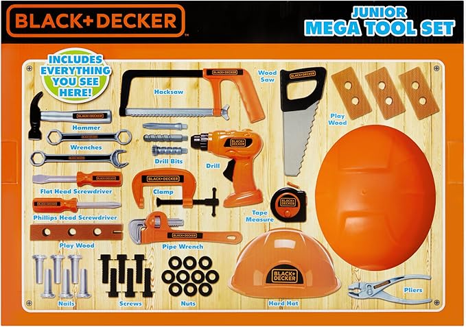 BLACKDECKER Junior Kids Tool Set - Mega Tool Set with 42 Tools  Accessories! Role Play Tools for Toddlers Boys  Girls Ages 3 Years Old and Above, Includes Helmet! (58505)