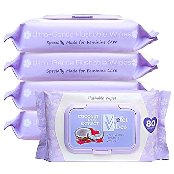 Violet Vibes Flushable Wipes for Women - Coconut Rose, 400 Count, Plant Based, Gentle on Sensitive Skin