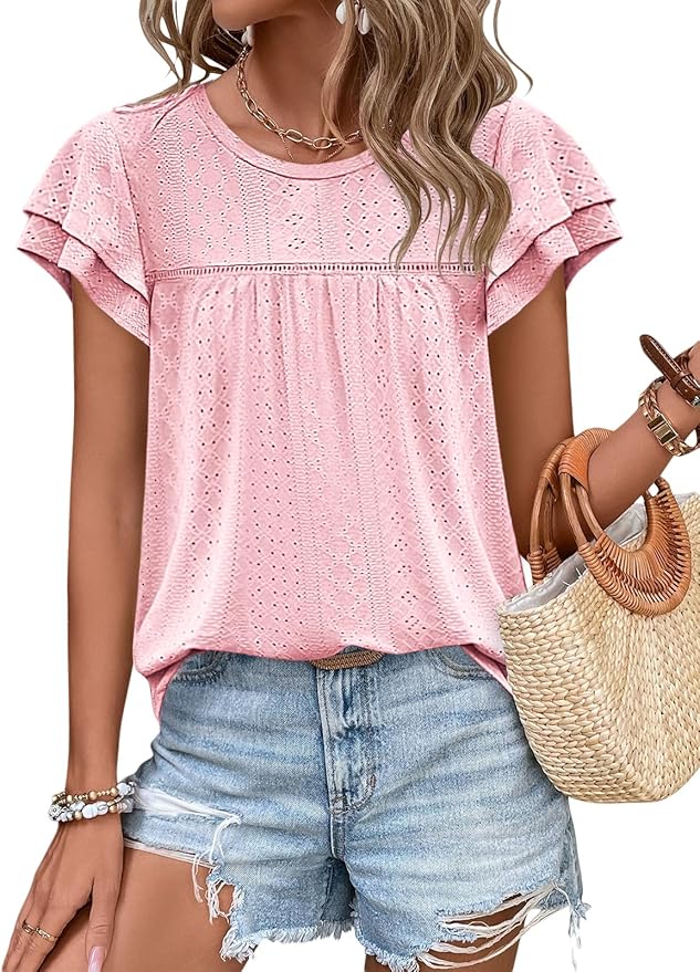 Zwurew Womens Summer Tops Crewneck Eyelet Ruffle Sleeve Blouses Casual Babydoll Shirts 2025 S-2XL