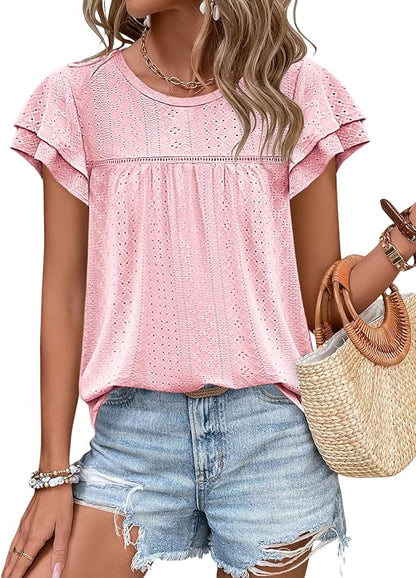 Zwurew Womens Summer Tops Crewneck Eyelet Ruffle Sleeve Blouses Casual Babydoll Shirts 2025 S-2XL