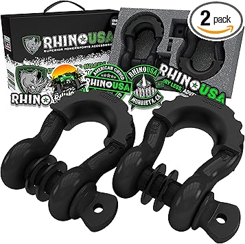 Rhino USA D Ring Shackles (2-Pack) - 41,850lb Break Strength  Heavy Duty 34" Clevis Shackle with 78 Pin for Towing  Off-Road Use - Pairs with Tow Strap for Vehicle Recovery (Black)