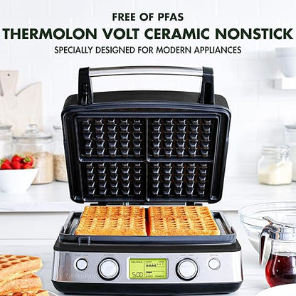 GreenPan Elite 4-Square Belgian & Classic Waffle Iron, Healthy Ceramic Nonstick Aluminum Dishwasher Safe Plates, Adjustable Shade/Crunch Control, Wont Overflow, Easy Cleanup Breakfast, PFAS-Free,Black