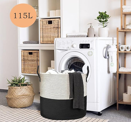 21 x 18 Inch Extra Large Storage Baskets Rope Baskets with Lid Living Room Blanket Basket with Lid Bedroom Baskets Large Round Black Color 115L