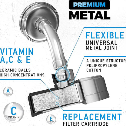 AquaHomeGroup Luxury Filtered Shower Head (Metal) - Vitamin CEA 5 Shower Caps - Reduses Chlorine Sediments - Consistent Water Pressure - Massage and SPA Effery Shower Head