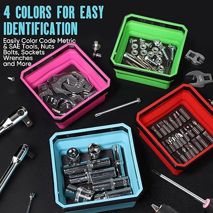 SHALL New Version Collapsible Magnetic Parts Tray Set, 4-Pack Magnetic Tool Trays for Screw Bolts Nuts Washers Pins  Small Metal Parts, 4.5 Square Silicone Foldable Bowls wDual-Sided Magnetic Base