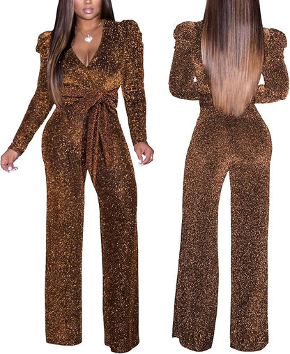 Women's Sparkly Jumpsuits Sexy Long Sleeve Cocktail Elegant Mock Neck Bodycon Straight Long Pants Rompers with Pockets